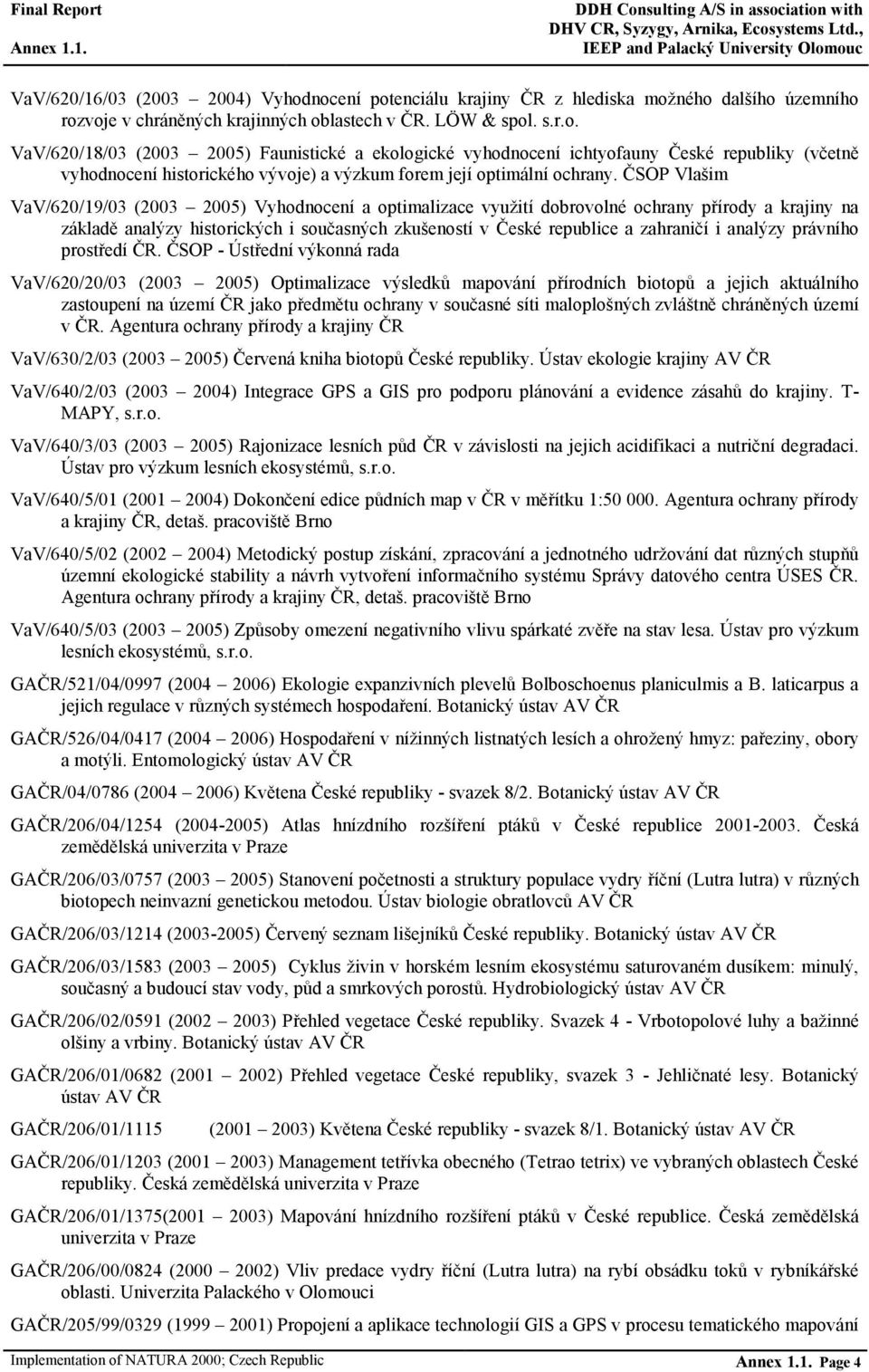 ČSOP Vlašim VaV/620/19/03 (2003 2005) Vyhodnocení a optimalizace využití dobrovolné ochrany přírody a krajiny na základě analýzy historických i současných zkušeností v České republice a zahraničí i