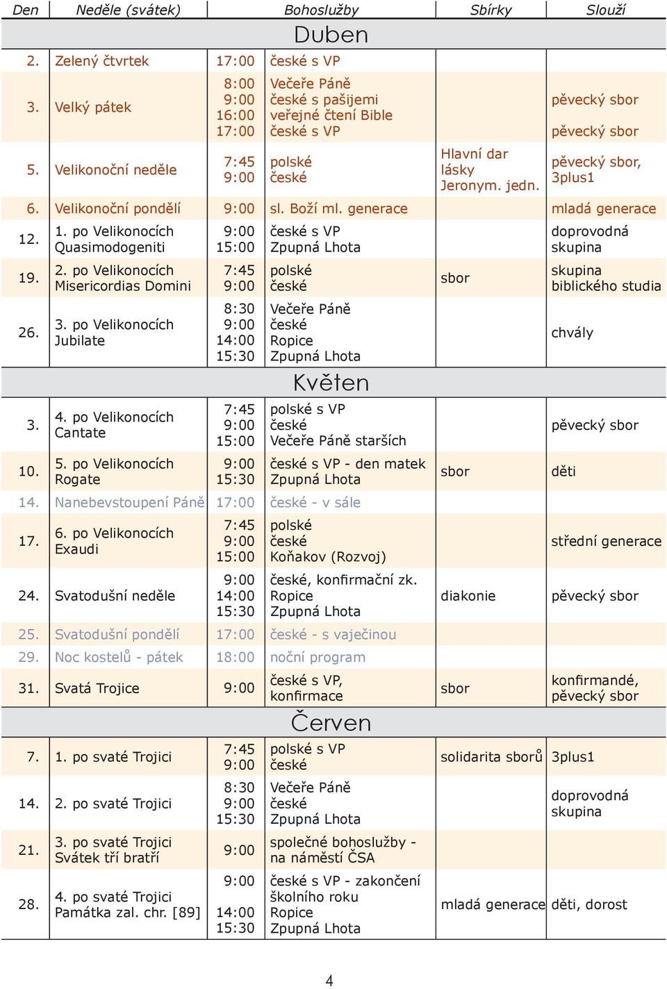 po Velikonocích Jubilate 4. po Velikonocích Cantate 5. po Velikonocích Rogate s VP Květen starších s VP - den matek 14. Nanebevstoupení Páně 17:00 - v sále 17. 6. po Velikonocích Exaudi 24.
