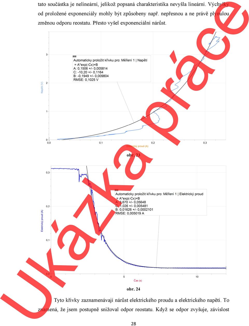 nepřesnou a ne právě plynulou změnou odporu reostatu. Přesto vyšel exponenciální nárůst. obr. 23 obr.
