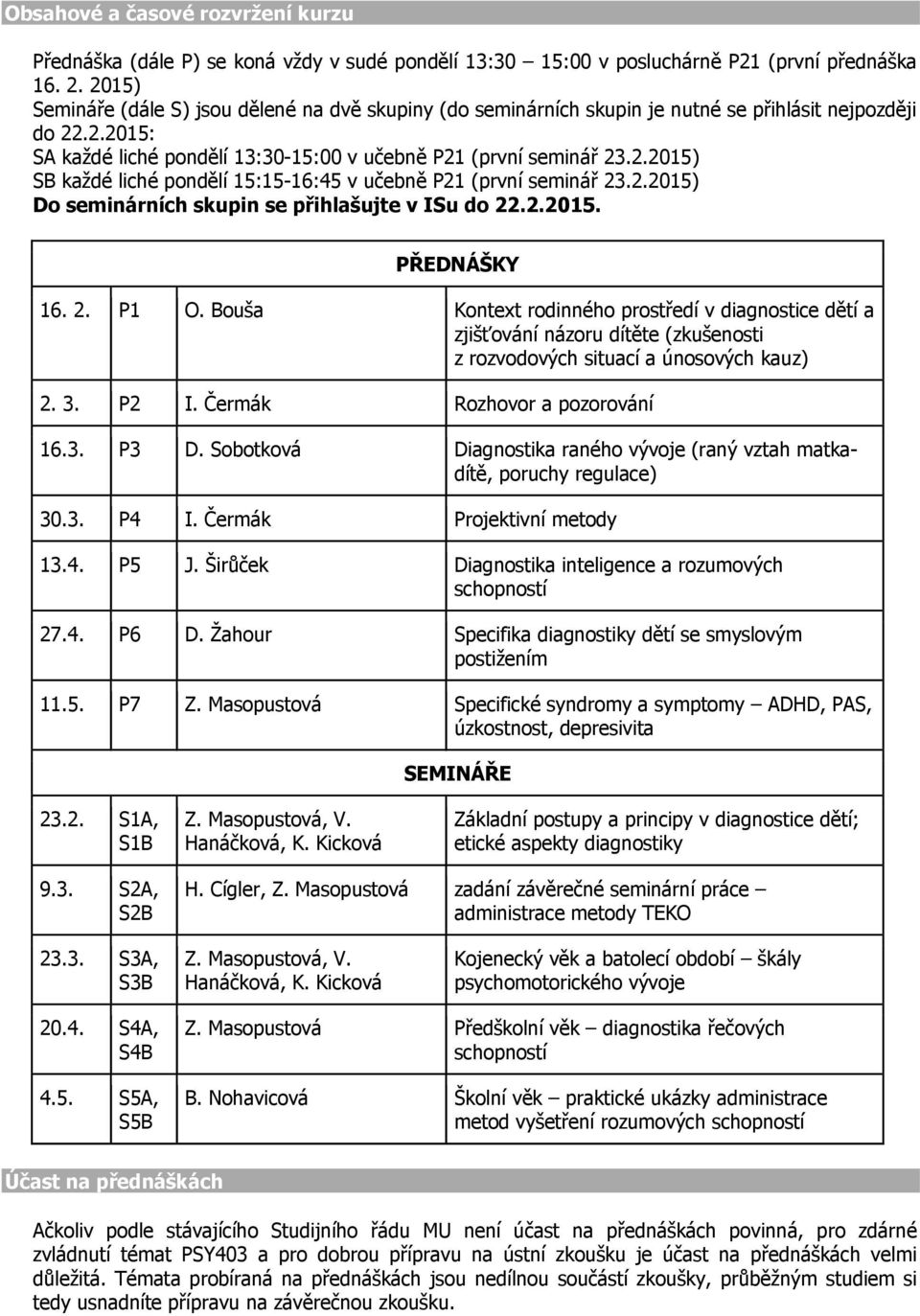 2.2015) Do seminárních skupin se přihlašujte v ISu do 22.2.2015. PŘEDNÁŠKY 16. 2. P1 O.