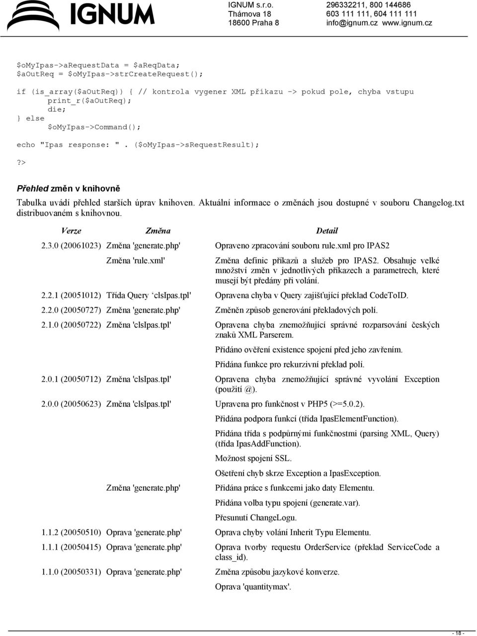 Aktuální informace o změnách jsou dostupné v souboru Changelog.txt distribuovaném s knihovnou. Verze Změna Detail 2.3.0 (20061023) Změna 'generate.php' Opraveno zpracování souboru rule.
