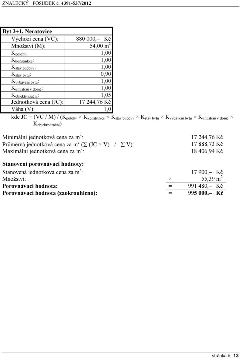 domě K objektivizační ) Minimální jednotková cena za m 2 : Průměrná jednotková cena za m 2 ( (JC V) / V): Maximální jednotková cena za m 2 : 17 244,76 Kč 17 888,73 Kč 18 406,94 Kč