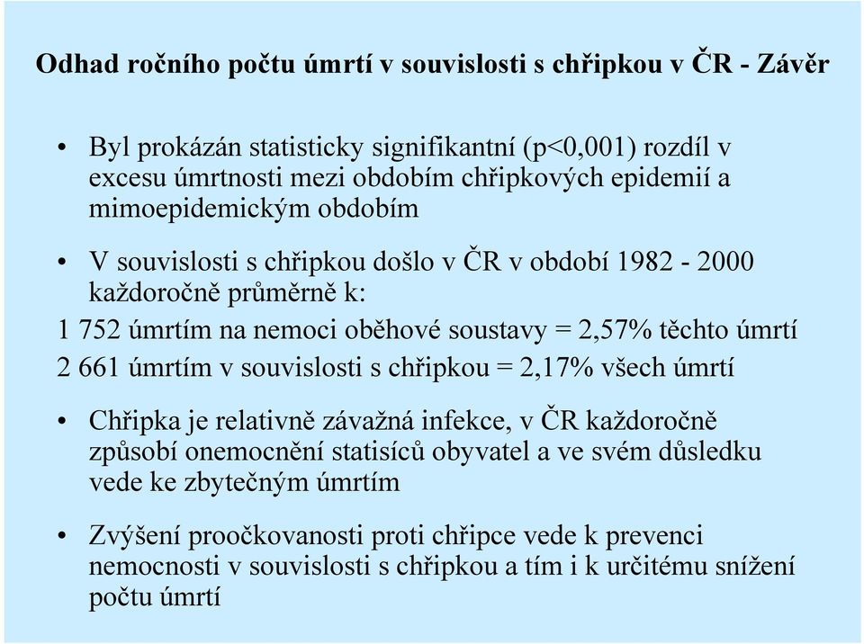 těchto úmrtí 2 661 úmrtím v souvislosti s chřipkou = 2,17% všech úmrtí Chřipka je relativně závažná infekce, v ČR každoročně způsobí onemocnění statisíců obyvatel a