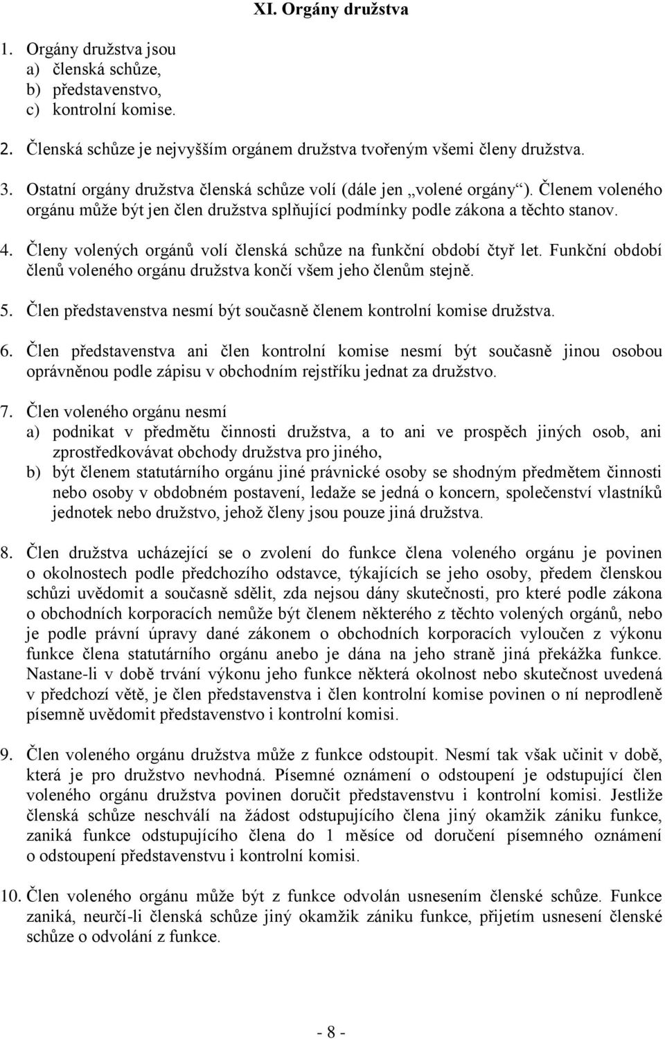 Členy volených orgánů volí členská schůze na funkční období čtyř let. Funkční období členů voleného orgánu družstva končí všem jeho členům stejně. 5.