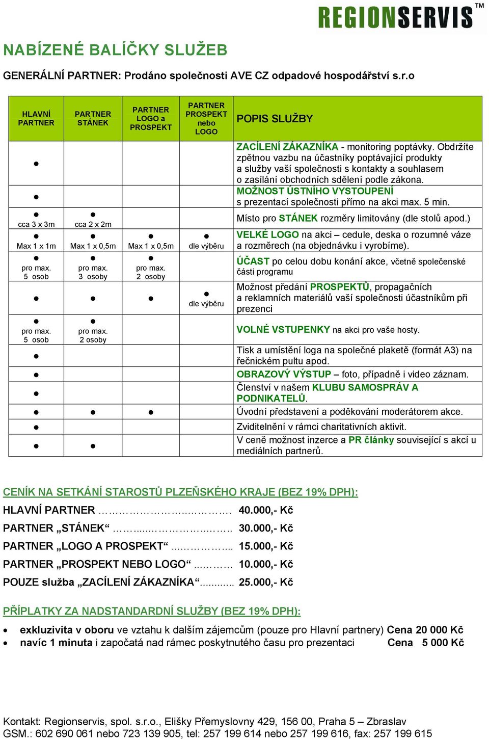 o HLAVNÍ cca 3 x 3m Max 1 x 1m 5 osob STÁNEK cca 2 x 2m Max 1 x 0,5m 3 osoby LOGO a PROSPEKT Max 1 x 0,5m 2 osoby 5 osob 2 osoby PROSPEKT nebo LOGO dle výběru dle výběru POPIS SLUŽBY ZACÍLENÍ
