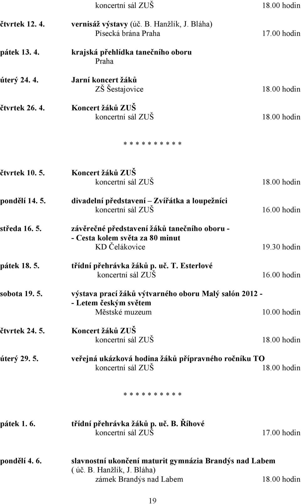 30 hodin pátek 18. 5. třídní přehrávka žáků p. uč. T. Esterlové 16.00 hodin sobota 19. 5. výstava prací žáků výtvarného oboru Malý salón 2012 - - Letem českým světem Městské muzeum čtvrtek 24. 5. úterý 29.