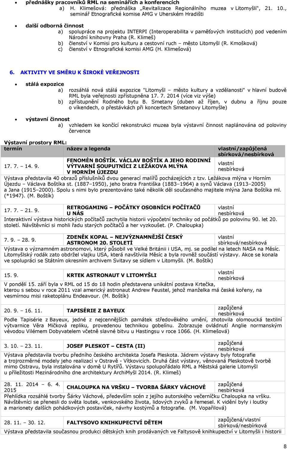 Klimeš) b) členství v Komisi pro kulturu a cestovní ruch město Litomyšl (R. Kmošková) c) členství v Etnografické komisi AMG (H. Klimešová) 6.