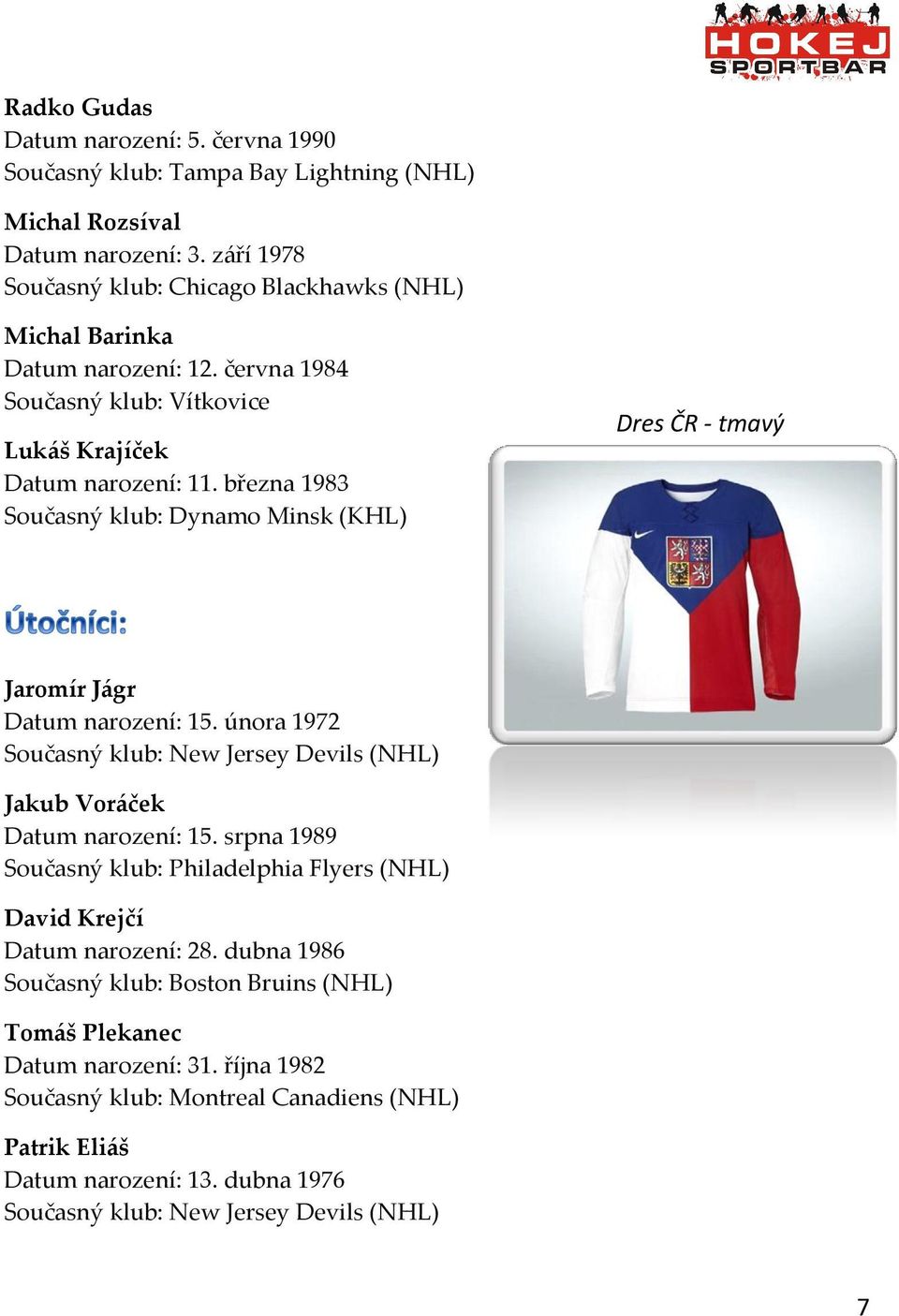 března 1983 Současný klub: Dynamo Minsk (KHL) Dres ČR - tmavý Jaromír Jágr Datum narození: 15. února 1972 Současný klub: New Jersey Devils (NHL) Jakub Voráček Datum narození: 15.