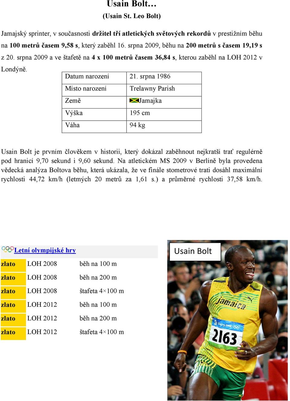 srpna 1986 Místo narození Trelawny Parish Země Jamajka Výška 195 cm Váha 94 kg Usain Bolt je prvním člověkem v historii, který dokázal zaběhnout nejkratší trať regulérně pod hranicí 9,70 sekund i