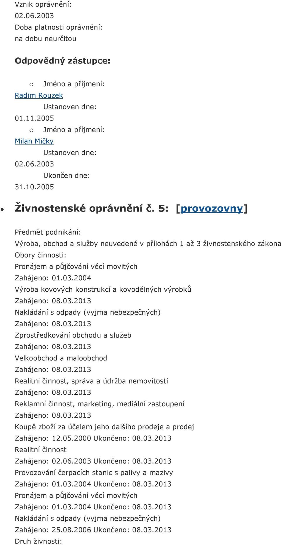 výrobků Nakládání s odpady (vyjma nebezpečných) Zprostředkování obchodu a služeb Velkoobchod a maloobchod Realitní činnost, správa a údržba nemovitostí Reklamní činnost, marketing, mediální