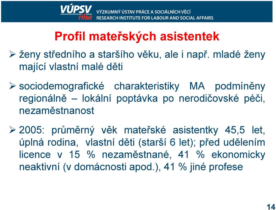 poptávka po nerodičovské péči, nezaměstnanost 2005: průměrný věk mateřské asistentky 45,5 let, úplná