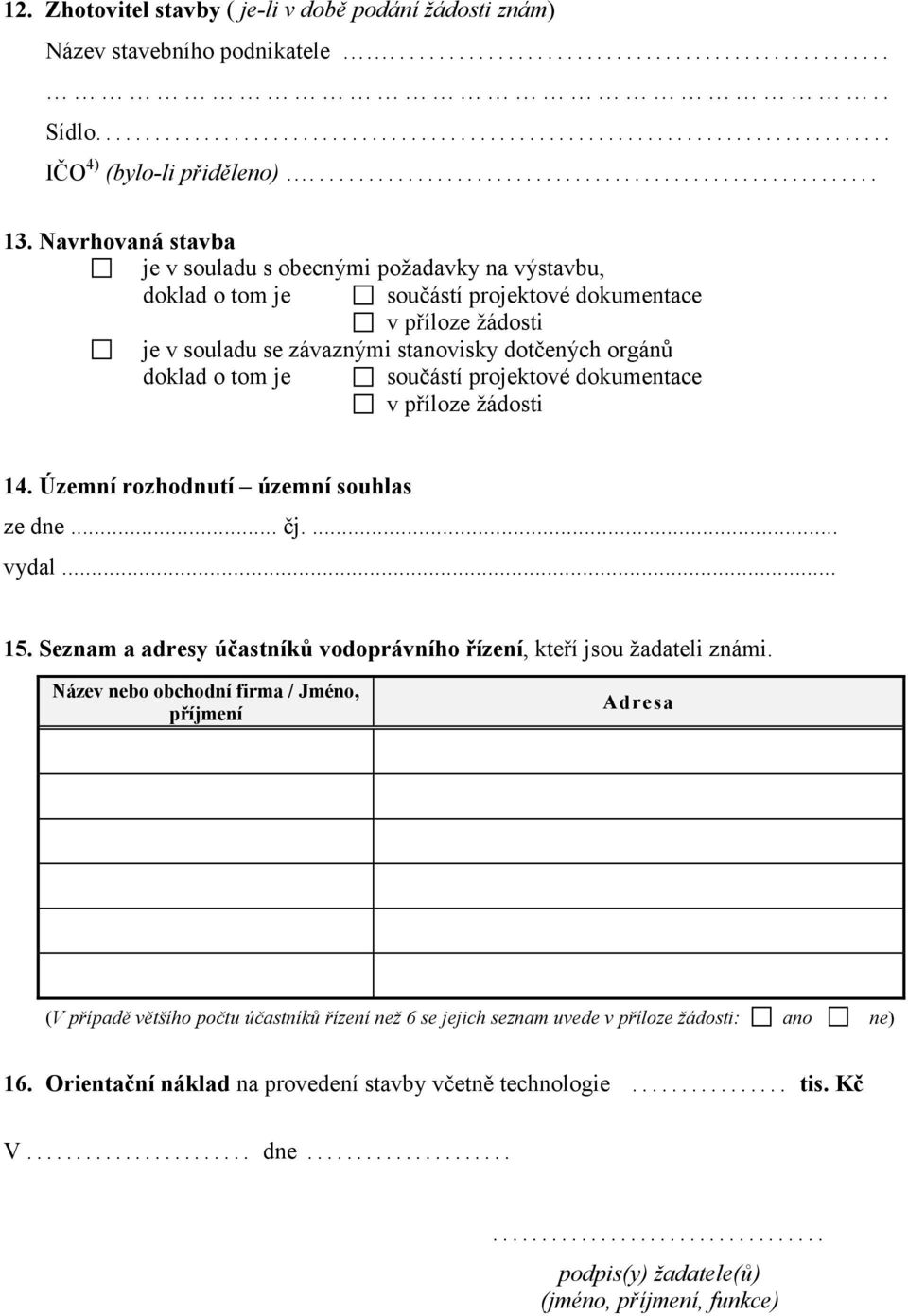 je součástí projektové dokumentace v příloze žádosti 14. Územní rozhodnutí územní souhlas ze dne... čj.... vydal... 15. Seznam a adresy účastníků vodoprávního řízení, kteří jsou žadateli známi.