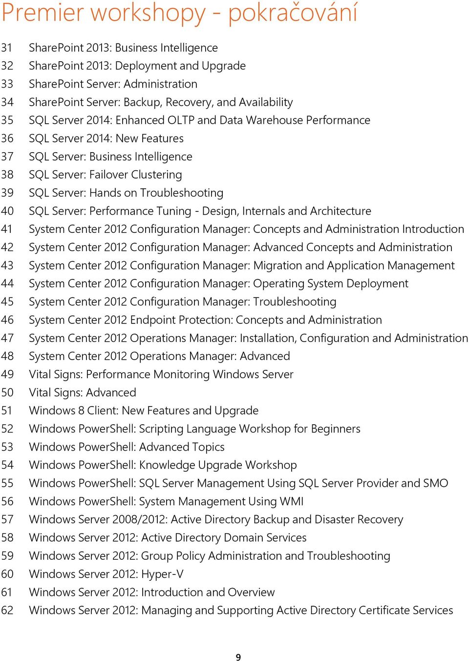 Hands on Troubleshooting 40 SQL Server: Performance Tuning - Design, Internals and Architecture 41 System Center 2012 Configuration Manager: Concepts and Administration Introduction 42 System Center