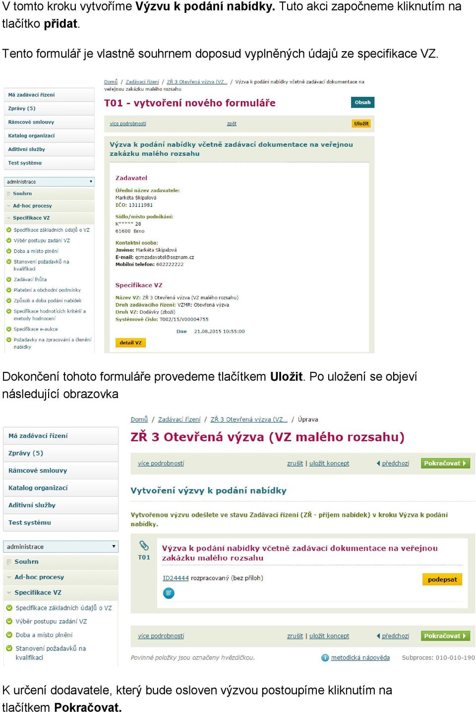 Tento formulář je vlastně souhrnem doposud vyplněných údajů ze specifikace VZ.