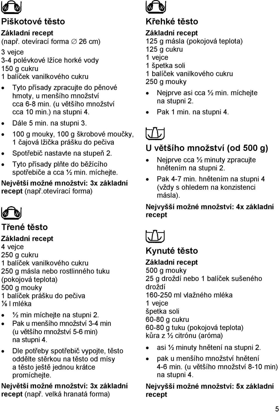 (u většího množství cca 10 min.) na stupni 4. Dále 5 min. na stupni 3. 100 g mouky, 100 g škrobové moučky, 1 čajová lžička prášku do pečiva Spotřebič nastavte na stupeň 2.