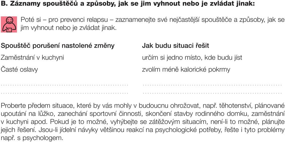 Spouštěč porušení nastolené změny Zaměstnání v kuchyni Časté oslavy Jak budu situaci řešit určím si jedno místo, kde budu jíst zvolím méně kalorické pokrmy Proberte předem situace, které