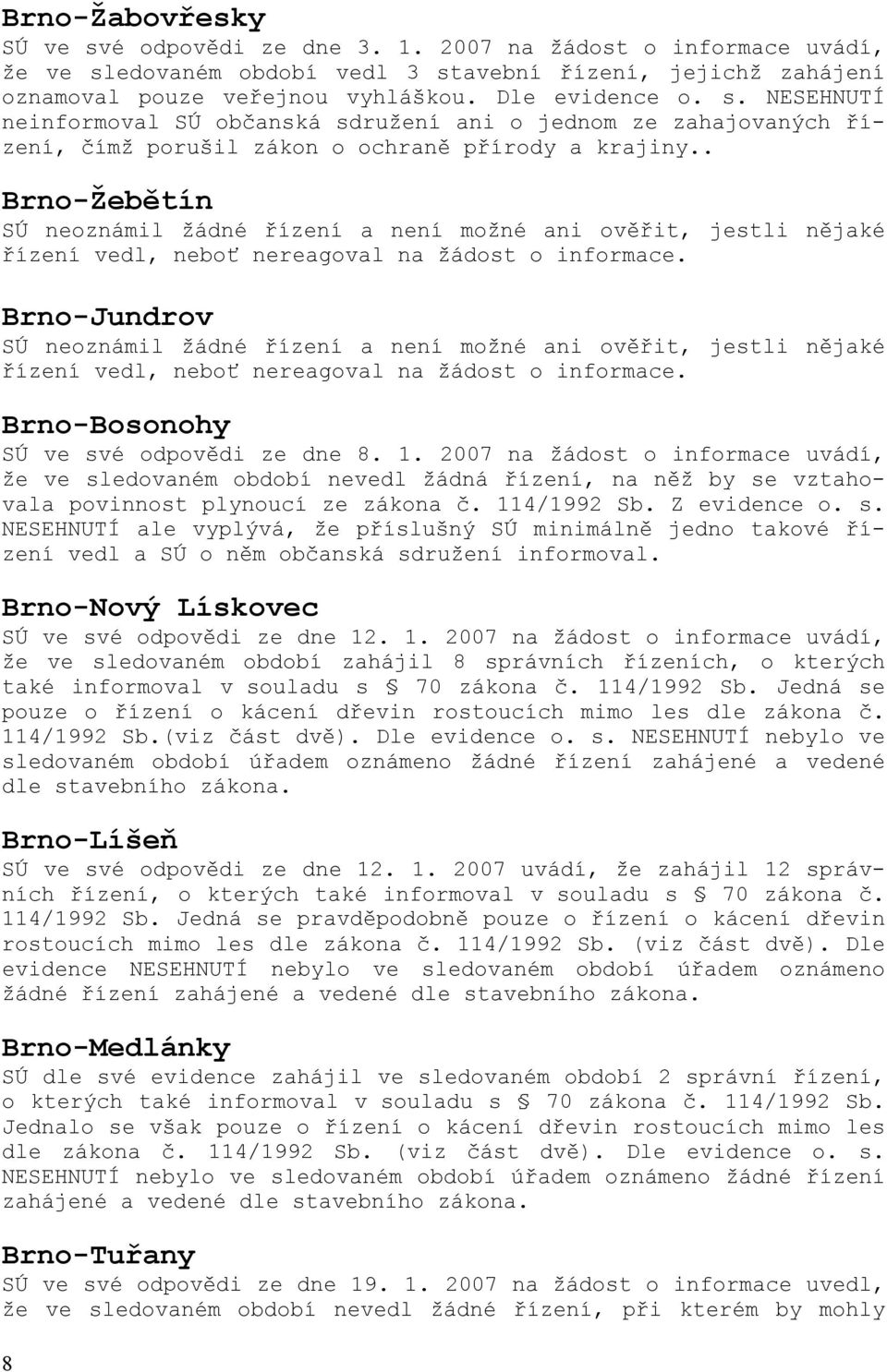 . Brno-Žebětín SÚ neoznámil žádné řízení a není možné ani ověřit, jestli nějaké řízení vedl, neboť nereagoval na žádost o informace.