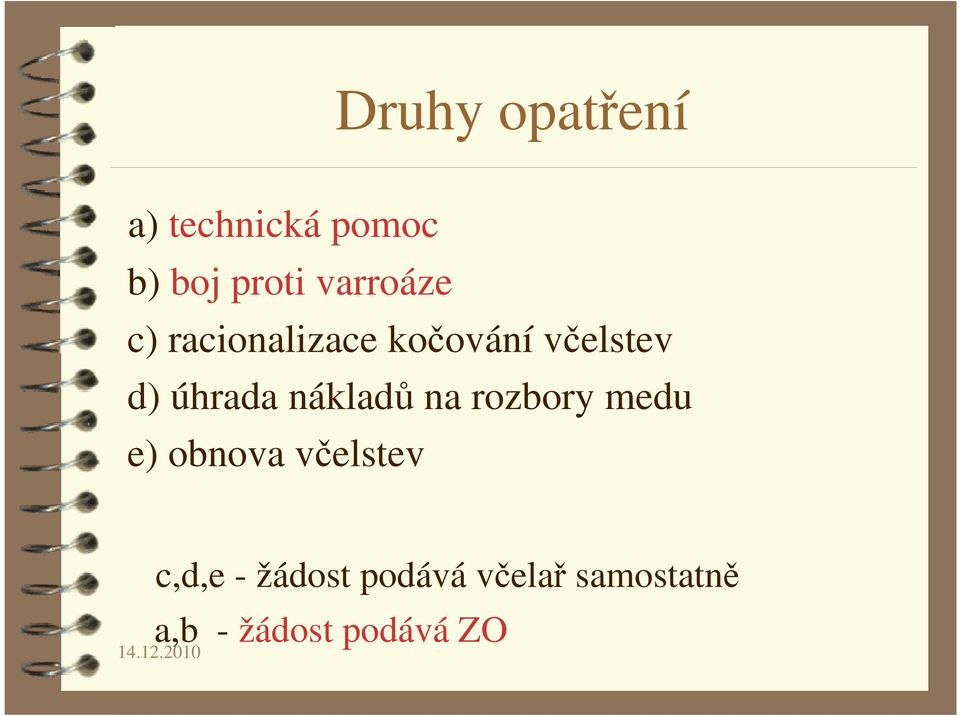 úhrada nákladů na rozbory medu e) obnova včelstev