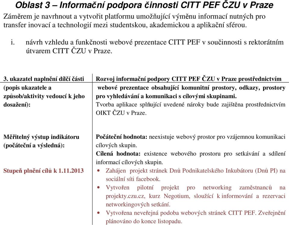 ukazatel naplnění dílčí části Rozvoj informační podpory CITT PEF ČZU v Praze prostřednictvím (popis ukazatele a způsob/aktivity vedoucí k jeho dosažení): webové prezentace obsahující komunitní