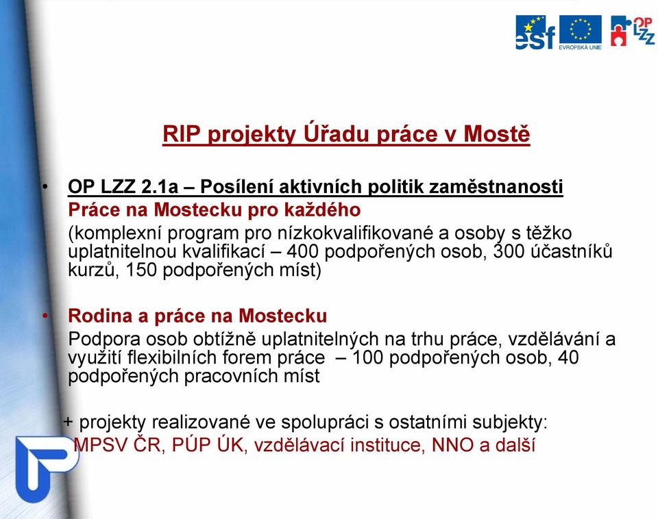 uplatnitelnou kvalifikací 400 podpořených osob, 300 účastníků kurzů, 150 podpořených míst) Rodina a práce na Mostecku Podpora osob