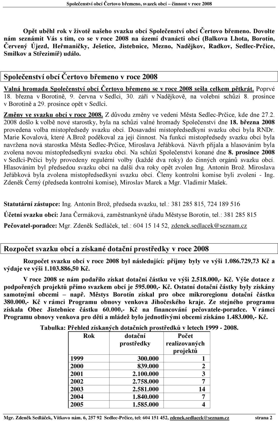 Střezimíř) událo. Společenství obcí Čertovo břemeno v roce 2008 Valná hromada Společenství obcí Čertovo břemeno se v roce 2008 sešla celkem pětkrát. Poprvé 18. března v Borotíně, 9.