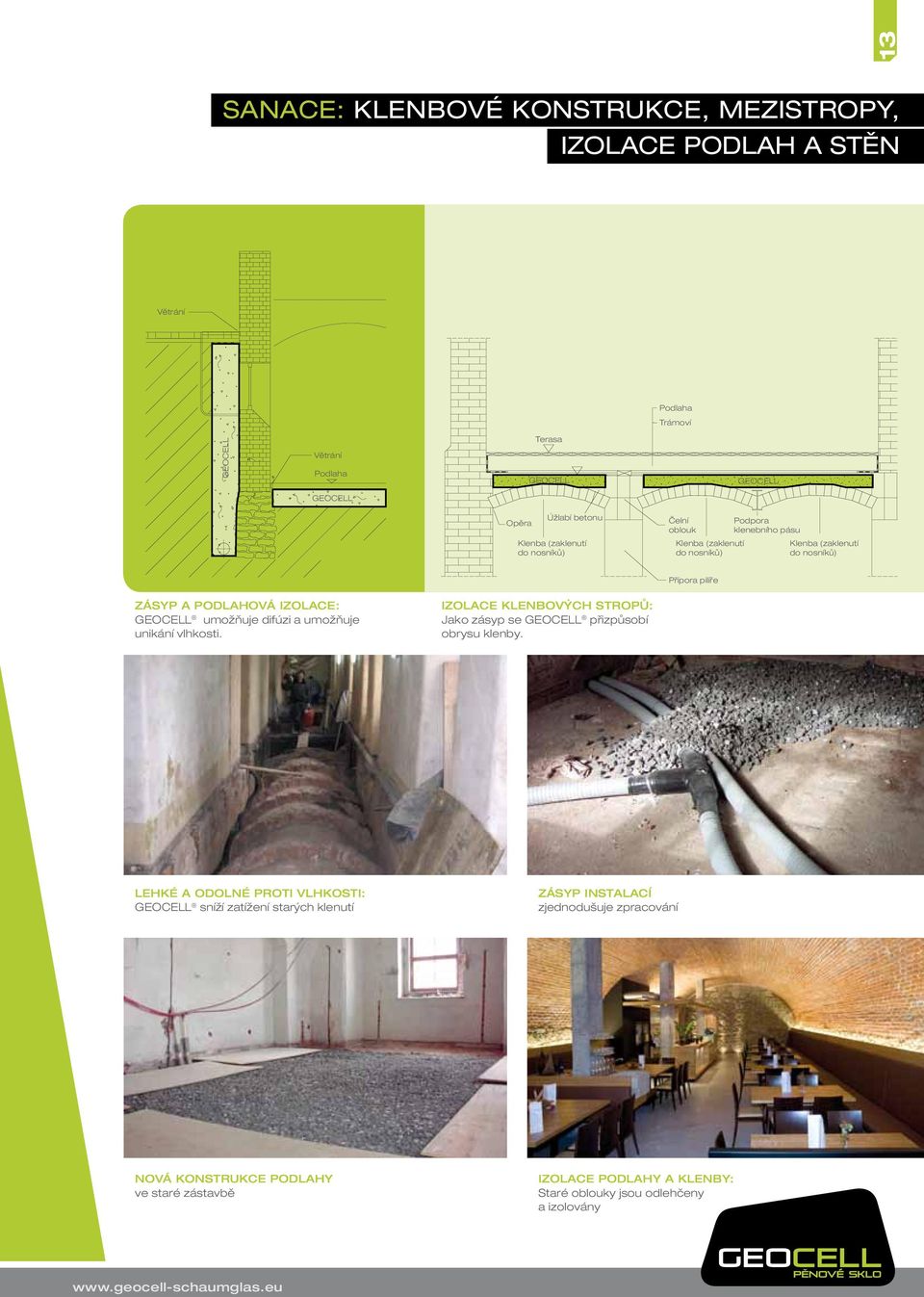 umožňuje difúzi a umožňuje unikání vlhkosti. IZOLACE KLENBOVÝCH STROPŮ: Jako zásyp se GEOCELL přizpůsobí obrysu klenby.