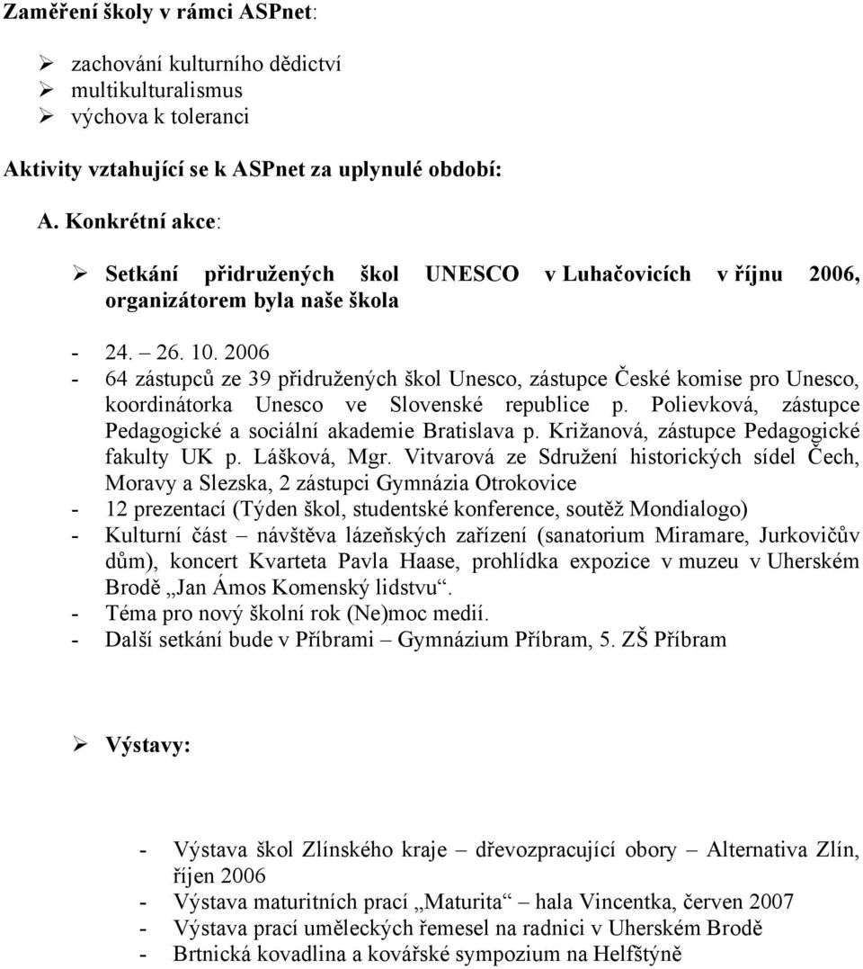 2006-64 zástupců ze 39 přidružených škol Unesco, zástupce České komise pro Unesco, koordinátorka Unesco ve Slovenské republice p. Polievková, zástupce Pedagogické a sociální akademie Bratislava p.