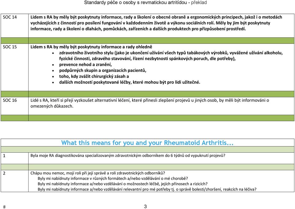 SOC 15 Lidem s RA by měly být poskytnuty informace a rady ohledně zdravotního životního stylu (jako je ukončení užívání všech typů tabákových výrobků, vyvážené užívání alkoholu, fyzické činnosti,