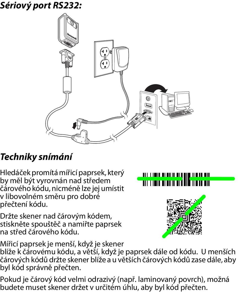 Mířicí paprsek je menší, když je skener blíže k čárovému kódu, a větší, když je paprsek dále od kódu.