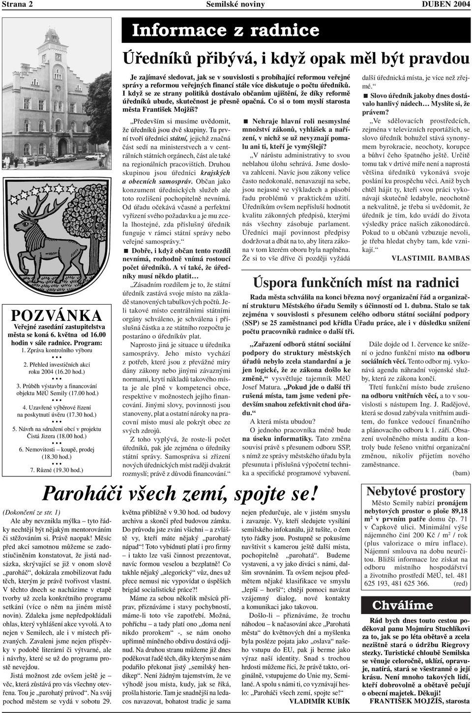 Návrh na sdružení obcí v projektu Čistá Jizera (18.00 hod.) 6. Nemovitosti koupě, prodej (18.30 hod.) 7. Různé (19.30 hod.) (Dokončení ze str.
