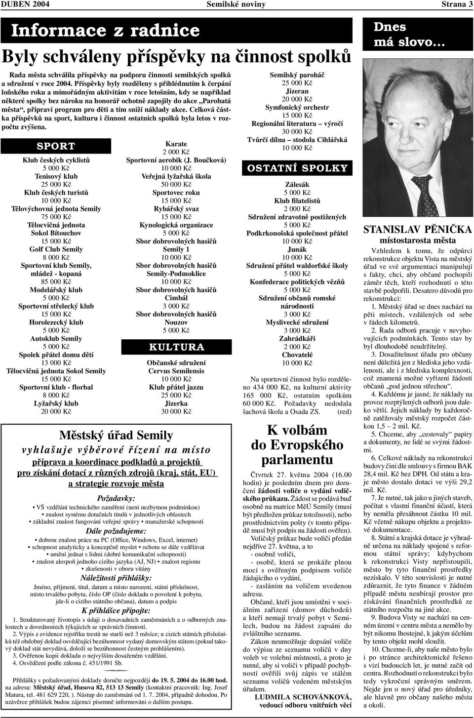 připraví program pro děti a tím sníží náklady akce. Celková částka příspěvků na sport, kulturu i činnost ostatních spolků byla letos v rozpočtu zvýšena.
