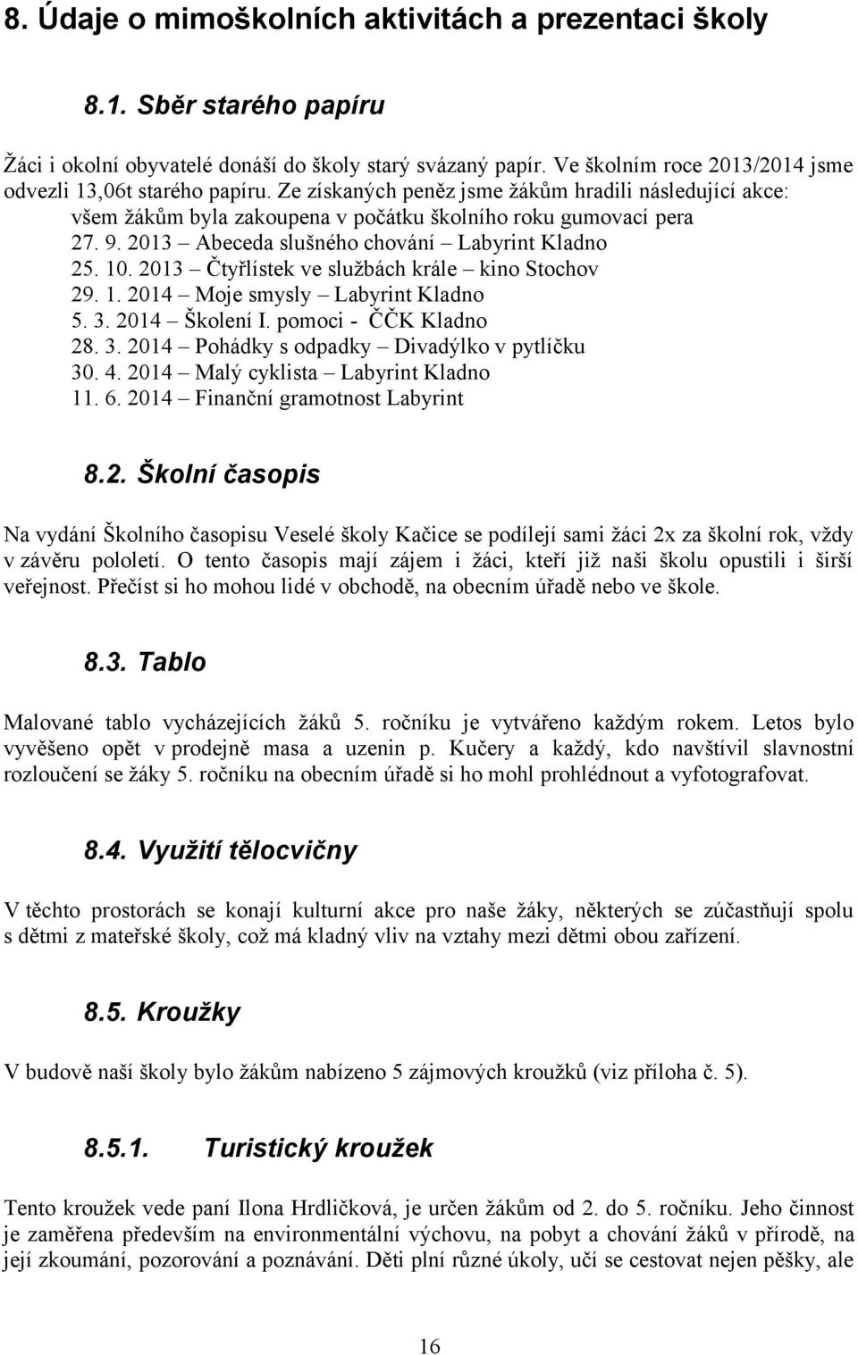 2013 Abeceda slušného chování Labyrint Kladno 25. 10. 2013 Čtyřlístek ve službách krále kino Stochov 29. 1. 2014 Moje smysly Labyrint Kladno 5. 3. 2014 Školení I. pomoci - ČČK Kladno 28. 3. 2014 Pohádky s odpadky Divadýlko v pytlíčku 30.