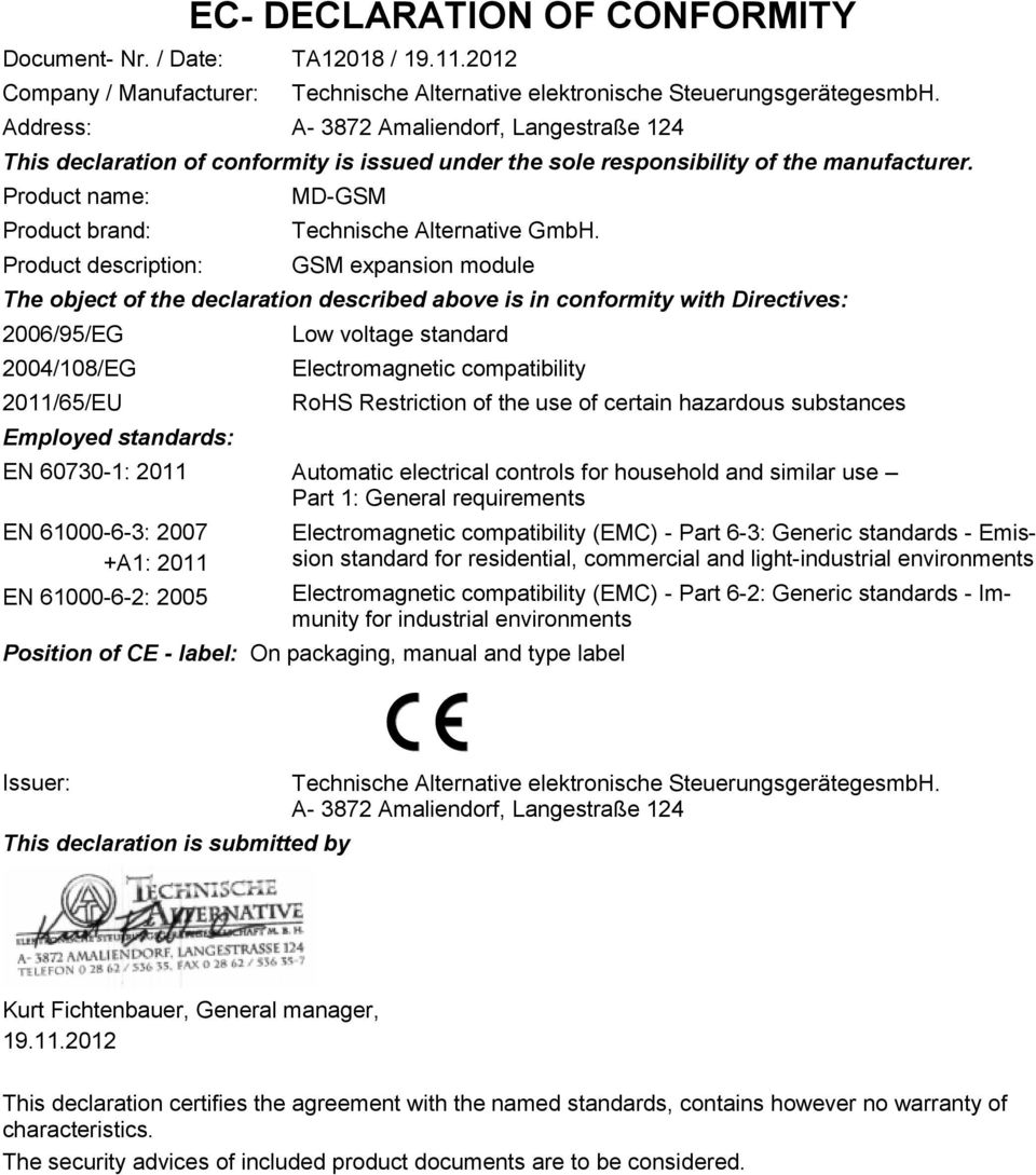Product name: Product brand: Product description: MD-GSM Technische Alternative GmbH.