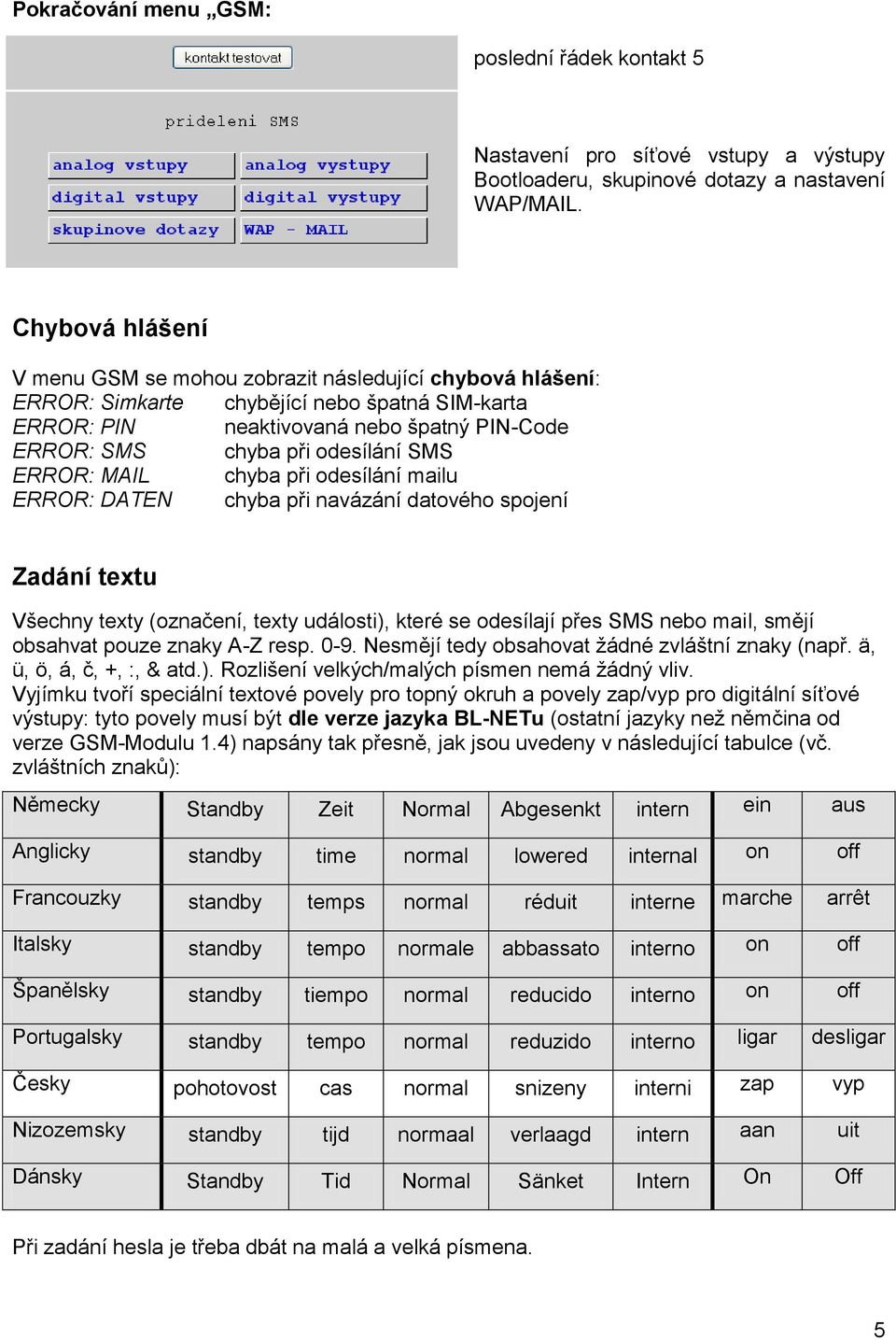 SMS ERROR: MAIL chyba při odesílání mailu ERROR: DATEN chyba při navázání datového spojení Zadání textu Všechny texty (označení, texty události), které se odesílají přes SMS nebo mail, smějí obsahvat