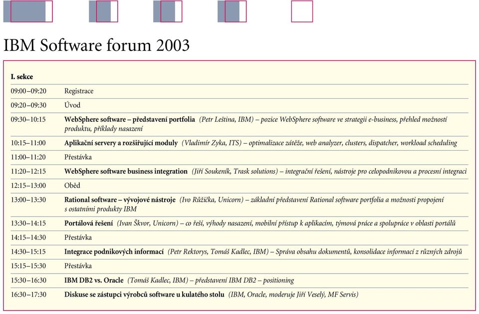 pfiíklady nasazení 10:15 11:00 Aplikaãní servery a roz ifiující moduly (Vladimír Zyka, ITS) optimalizace zátûïe, web analyzer, clusters, dispatcher, workload scheduling 11:00 11:20 Pfiestávka 11:20