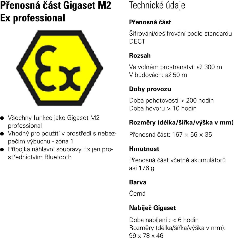 prostřednictvím Bluetooth Doby provozu Doba pohotovosti > 200 hodin Doba hovoru > 10 hodin Rozměry (délka/šířka/výška v mm) Přenosná část: 167 56