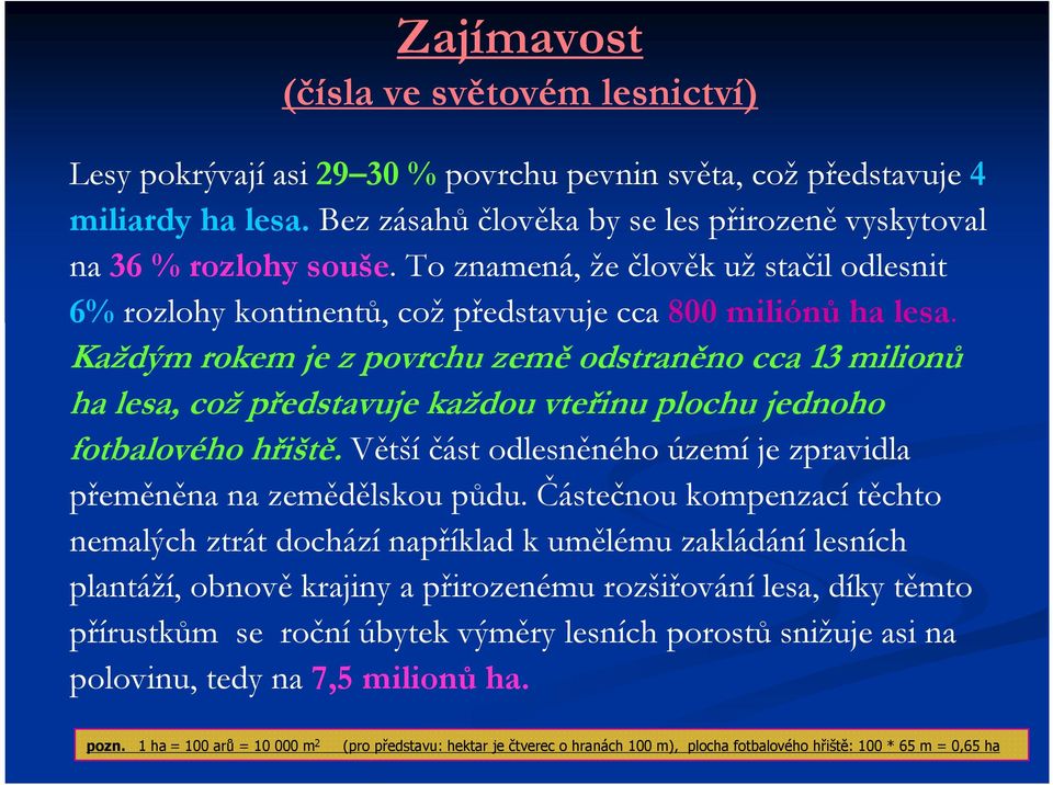 Každým rokem je z povrchu země odstraněno cca 13 milionů ha lesa, což představuje každou vteřinu plochu jednoho fotbalového hřiště.