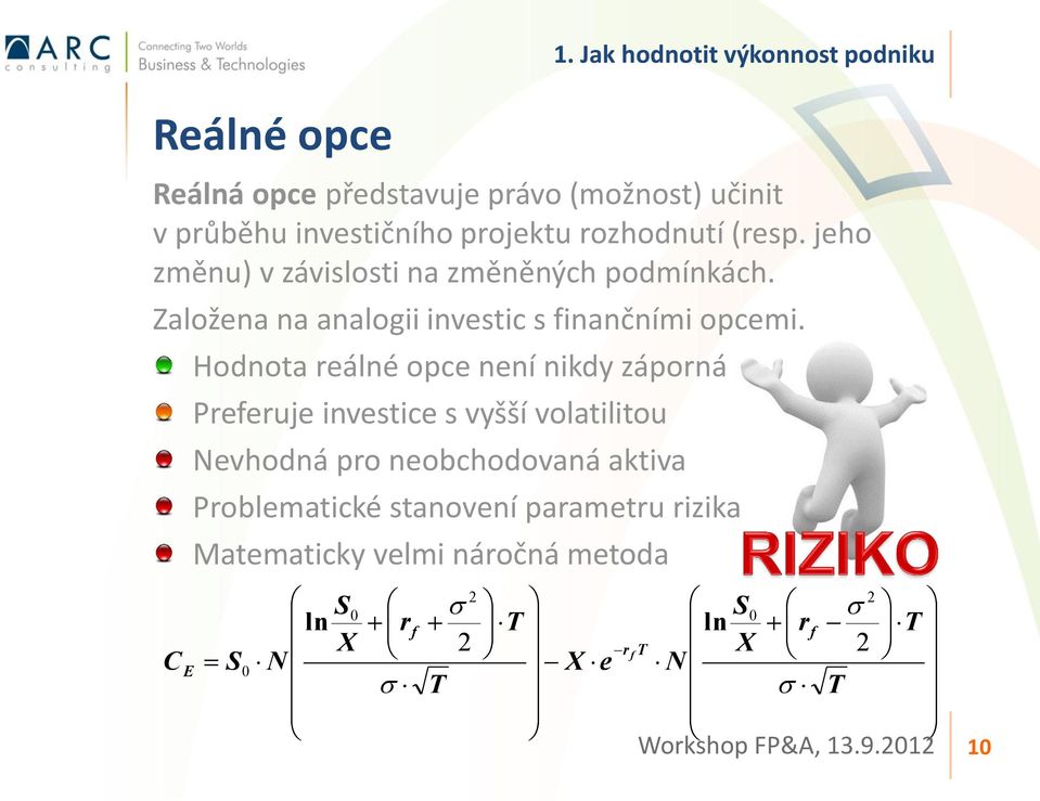 Hodnota reálné opce není nikdy záporná Preferuje investice s vyšší volatilitou Nevhodná pro neobchodovaná aktiva Problematické