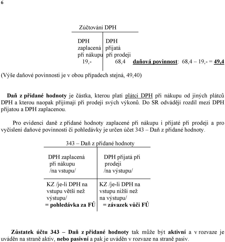 Pro evidenci daně z přidané hodnoty zaplacené při nákupu i přijaté při prodeji a pro vyčíslení daňové povinnosti či pohledávky je určen účet 343 Daň z přidané hodnoty.