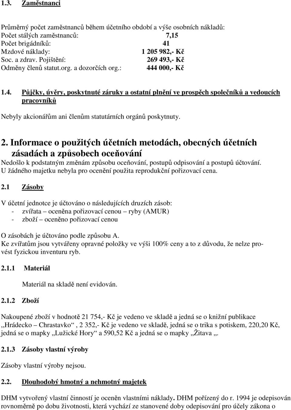 2. Informace o použitých účetních metodách, obecných účetních zásadách a způsobech oceňování Nedošlo k podstatným změnám způsobu oceňování, postupů odpisování a postupů účtování.