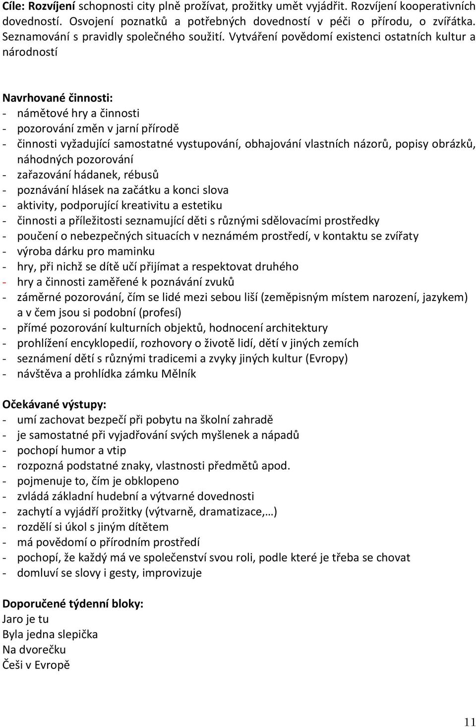 Vytváření povědomí existenci ostatních kultur a národností - námětové hry a činnosti - pozorování změn v jarní přírodě - činnosti vyžadující samostatné vystupování, obhajování vlastních názorů,