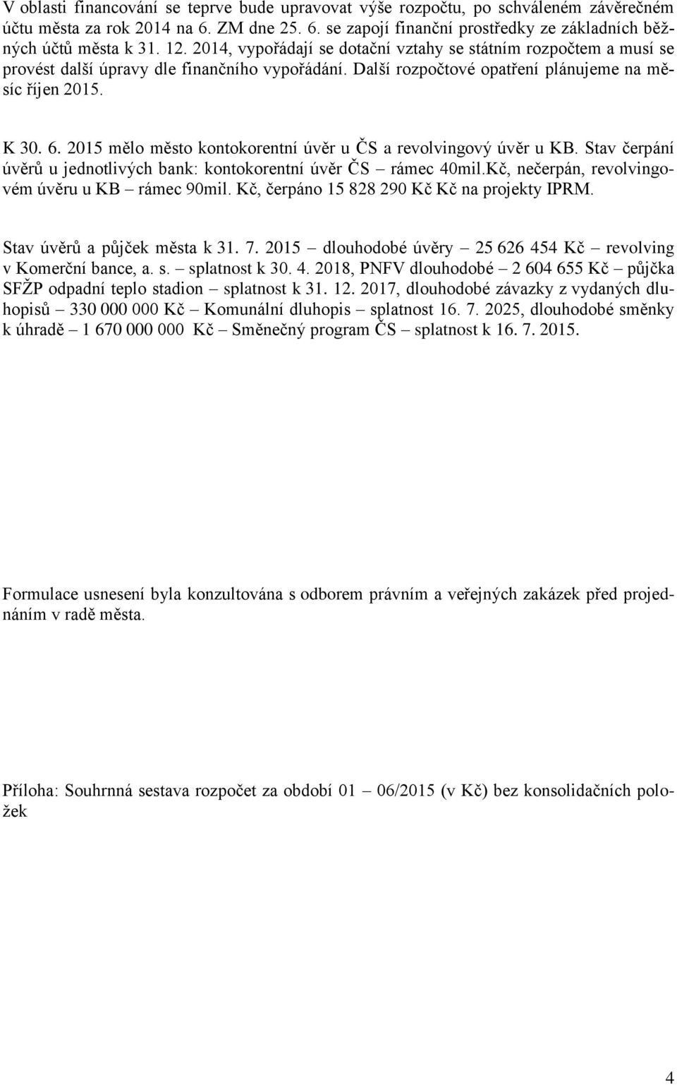 2015 mělo město kontokorentní úvěr u ČS a revolvingový úvěr u KB. Stav čerpání úvěrů u jednotlivých bank: kontokorentní úvěr ČS rámec 40mil.Kč, nečerpán, revolvingovém úvěru u KB rámec 90mil.