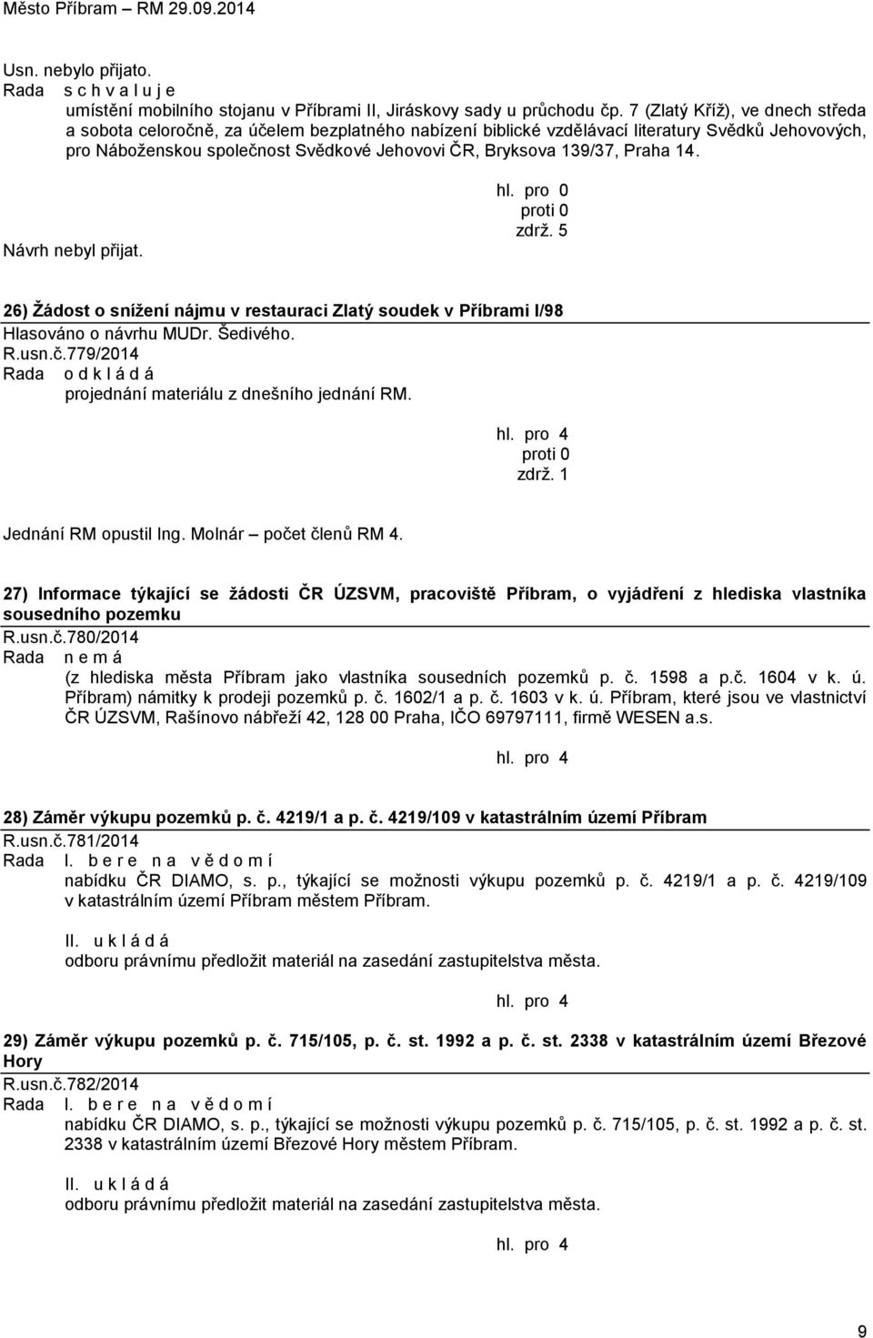 Praha 14. Návrh nebyl přijat. hl. pro 0 proti 0 zdrţ. 5 26) Ţádost o sníţení nájmu v restauraci Zlatý soudek v Příbrami I/98 Hlasováno o návrhu MUDr. Šedivého. R.usn.č.