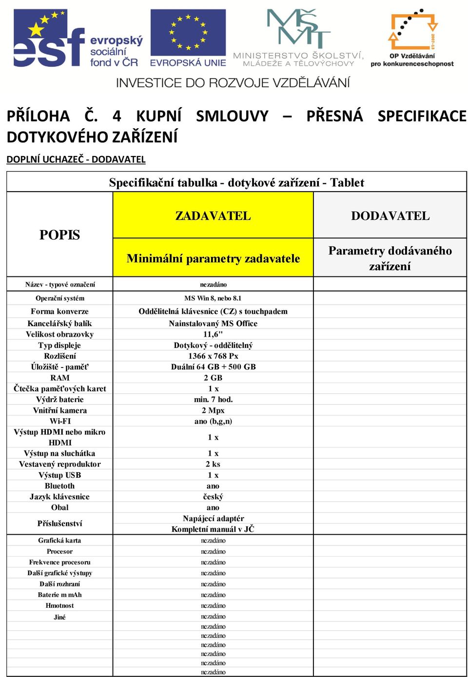 dodávaného zařízení Název - typové označení Operační systém MS Win 8, nebo 8.