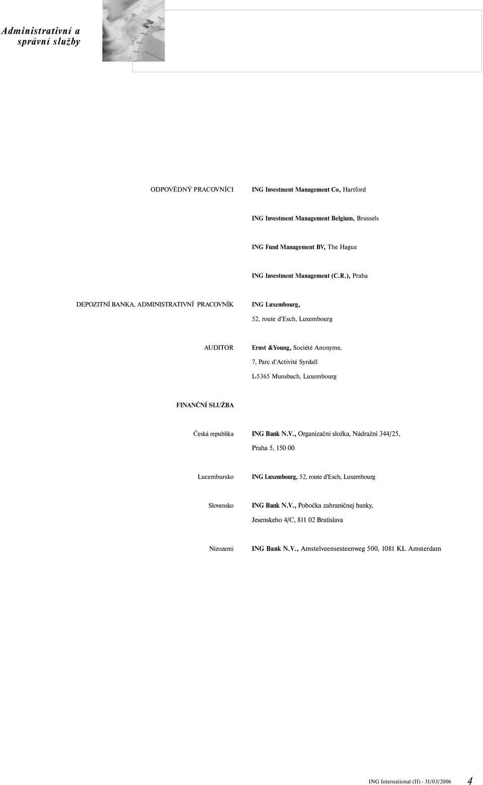 ), Praha DEPOZITNÍ BANKA, ADMINISTRATIVNÍ PRACOVNÍK ING Luxembourg, 52, route d'esch, Luxembourg AUDITOR Ernst &Young, Société Anonyme, 7, Parc d'activité Syrdall L5365 Munsbach,