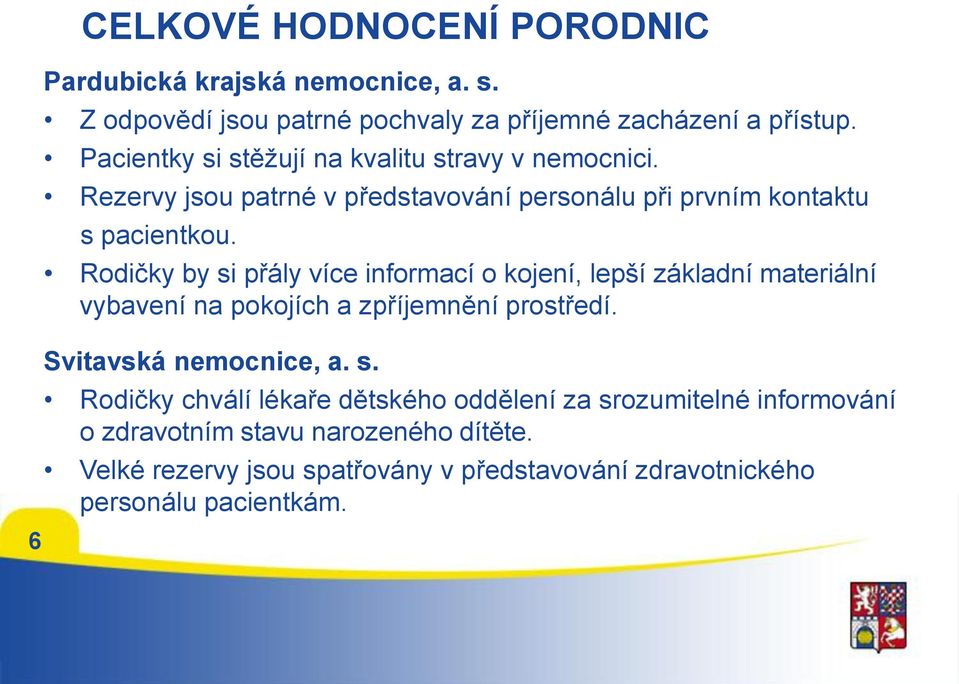 Rodičky by si přály více informací o kojení, lepší základní materiální vybavení na pokojích a zpříjemnění prostředí. Svitavská nemocnice, a. s. Rodičky chválí lékaře dětského oddělení za srozumitelné informování o zdravotním stavu narozeného dítěte.