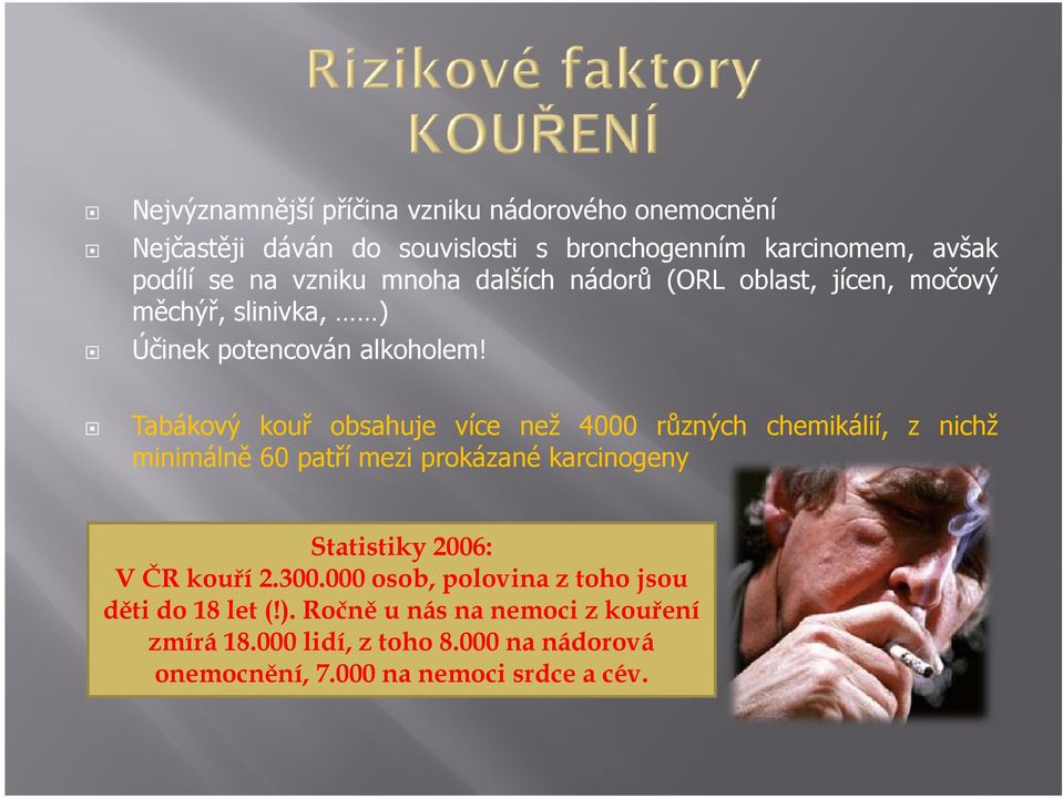 Tabákový kouř obsahuje více než 4000 různých chemikálií, z nichž minimálně 60 patří mezi prokázané karcinogeny Statistiky 2006: V ČR