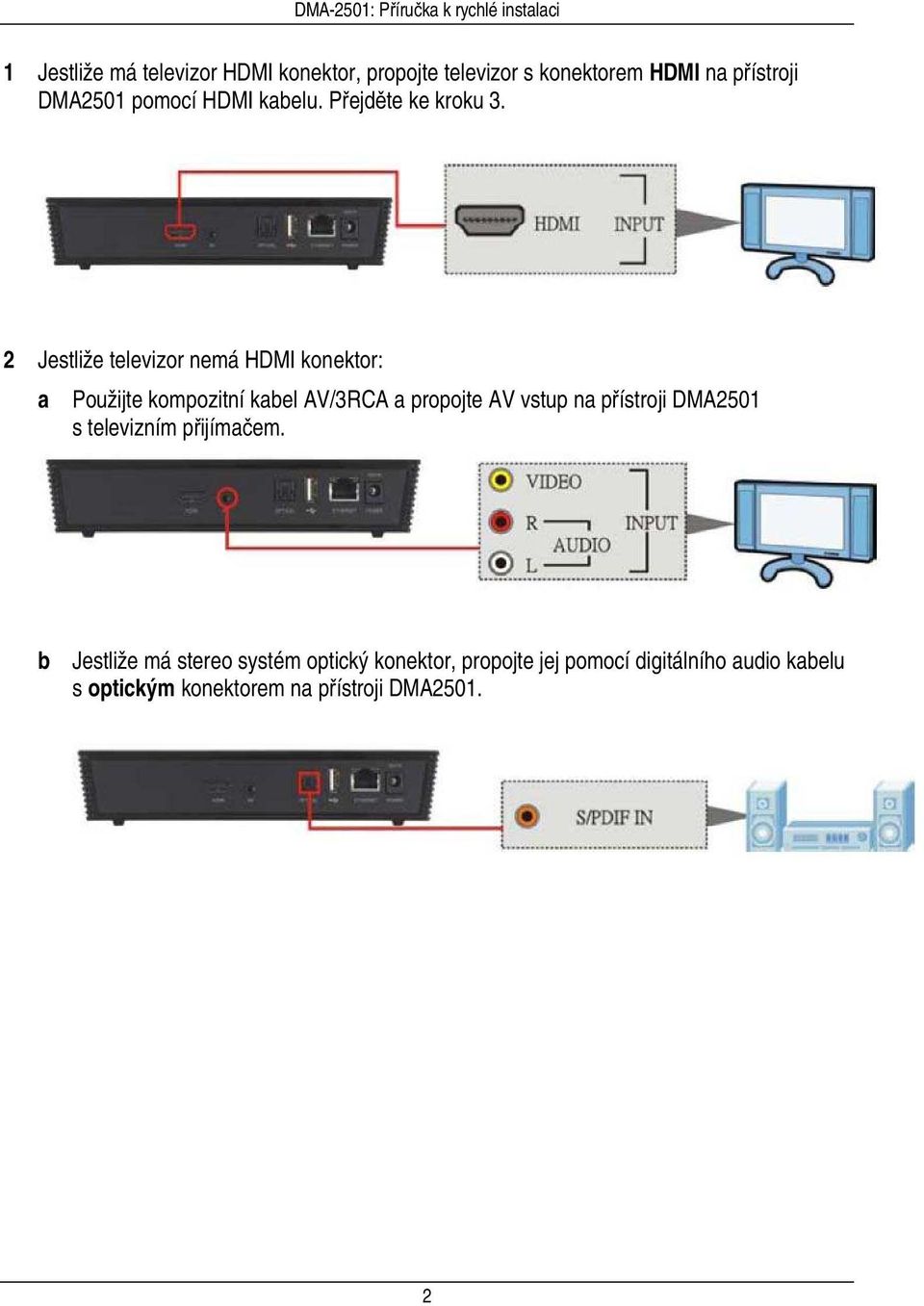 2 Jestliže televizor nemá HDMI konektor: a Použijte kompozitní kabel AV/3RCA a propojte AV vstup na