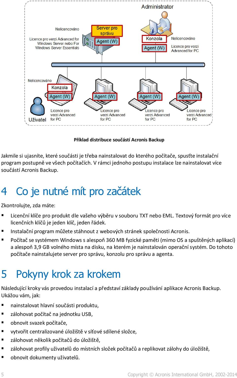 4 Co je nutné mít pro začátek Zkontrolujte, zda máte: Licenční klíče pro produkt dle vašeho výběru v souboru TXT nebo EML. Textový formát pro více licenčních klíčů je jeden klíč, jeden řádek.