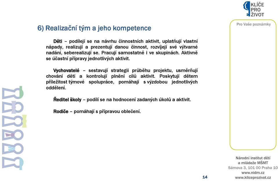 Vychovatelé sestavují strategii průběhu projektu, usměrňují chování dětí a kontrolují plnění cílů aktivit.